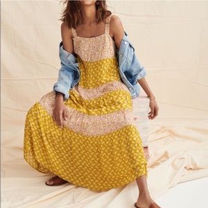 Madewell Print-Mix Tiered Maxi Dress in Jaipur Floral Tie Back Yellow Apron M